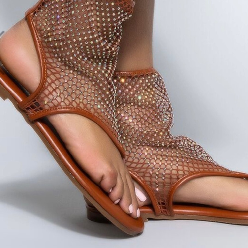 AZALEA WANG - Flat Mesh Flip-flops Rhinestone Sandals - Picture 4 of 9
